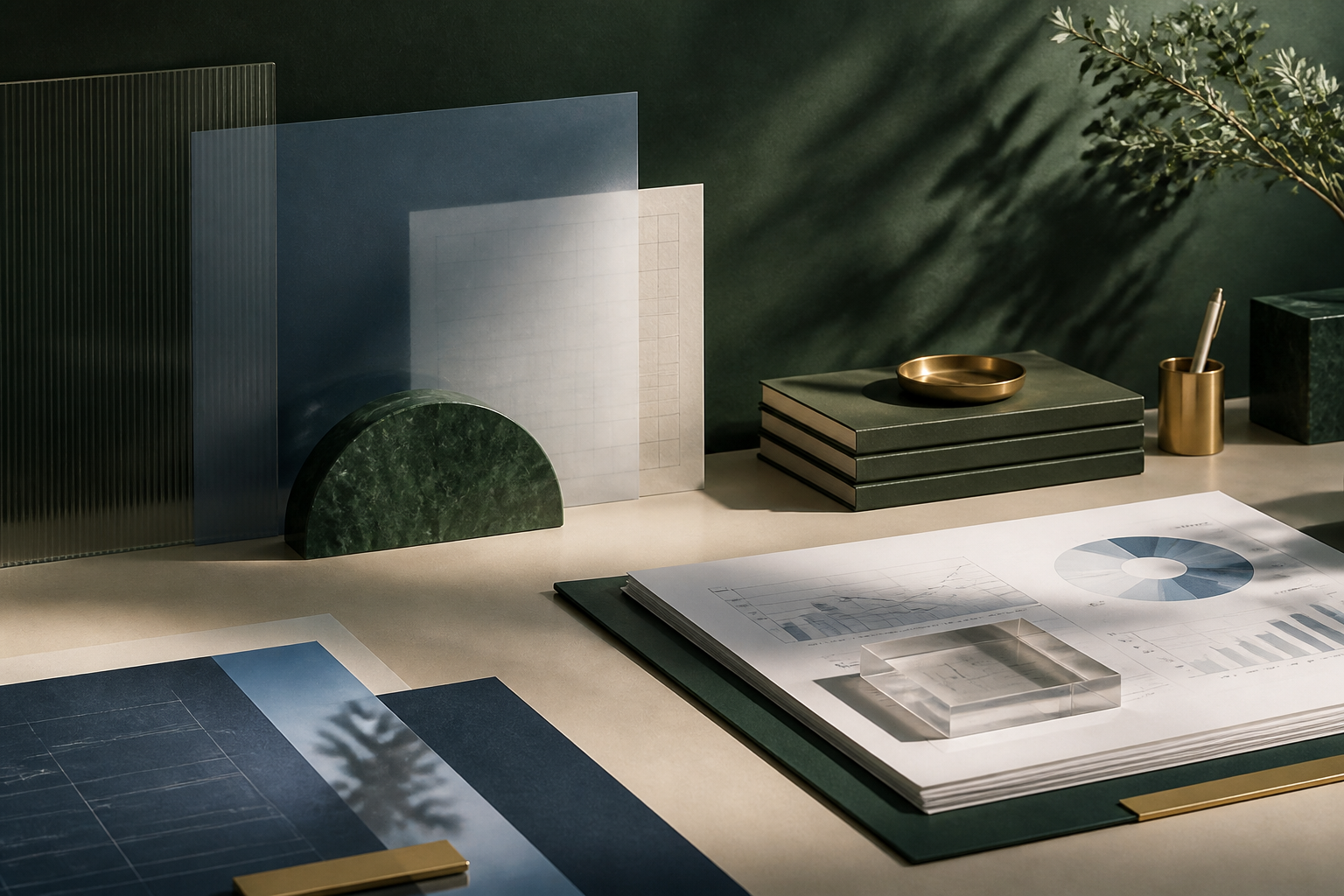 An orderly advisory desk with due diligence papers, charts, and calm green and brass materials.